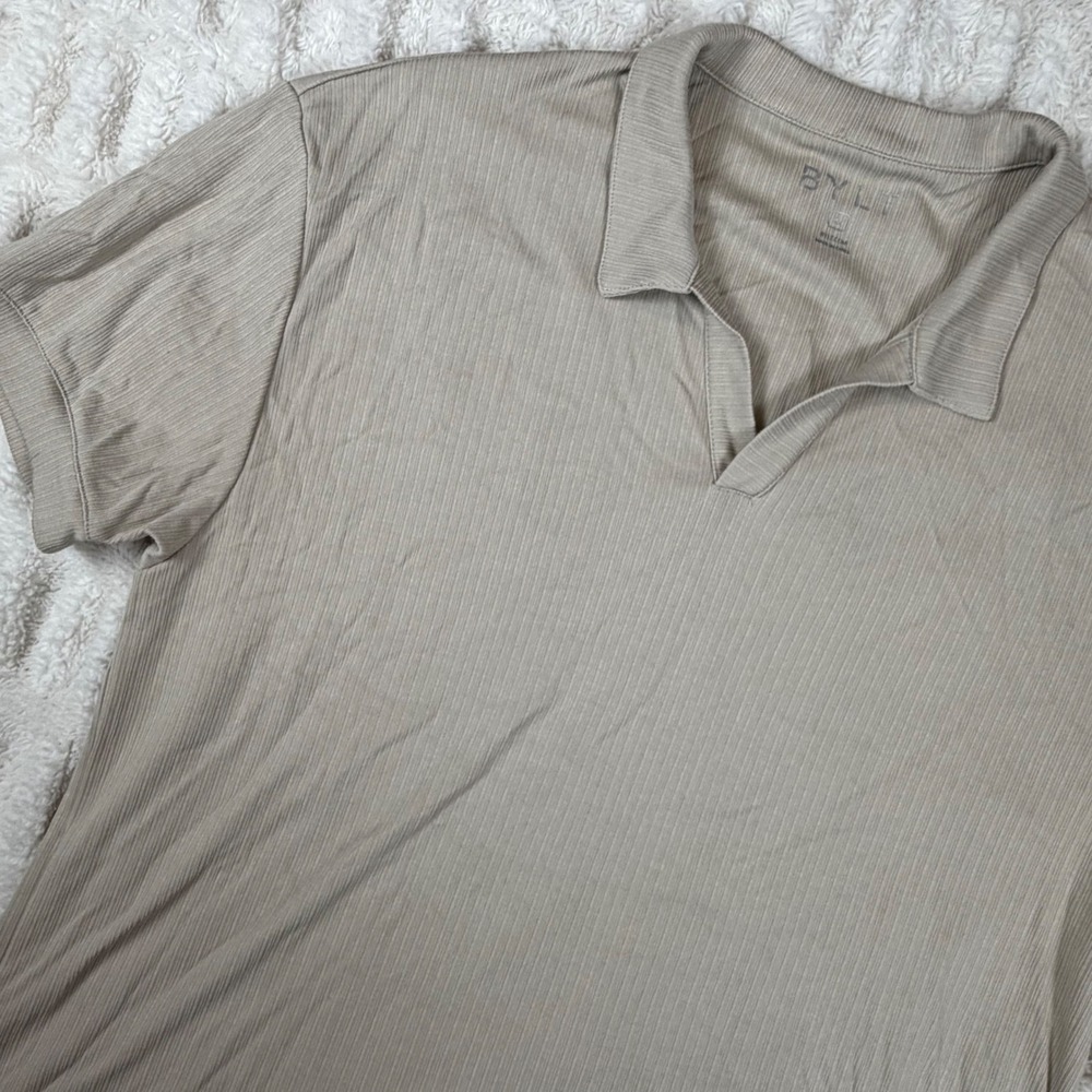 BYLT Basics Mens XL Ribbed Drop Cut Polo Shirt Tan Khaki V-Neck Short Sleeve